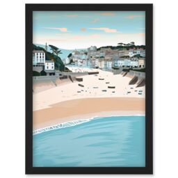 Artery8 St Ives Bay Summer Pastel Colour Coastal Cityscape Artwork Framed Wall Art Print A4 in Black - thumbnail 1