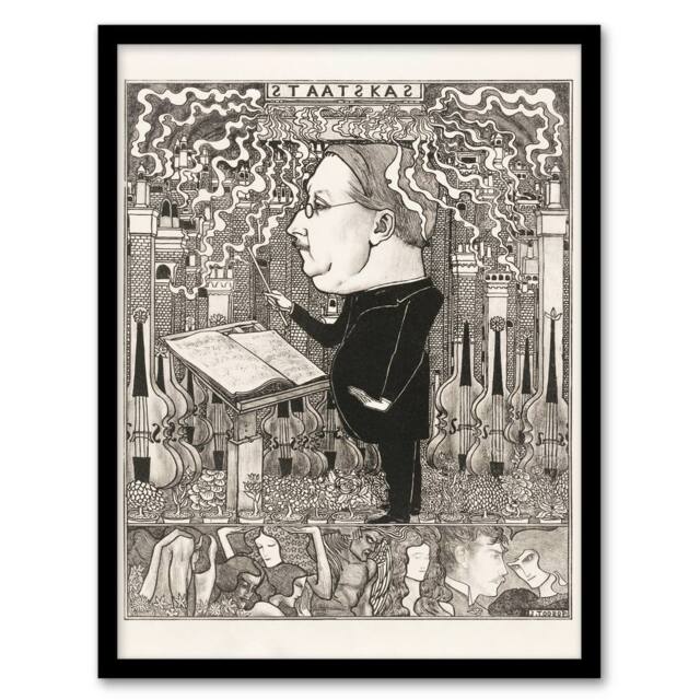 Artery8 Jan Toorop Framed Wall Art Conductor with Violins & Smoking Chimneys in Black - Size: A4 - image 1