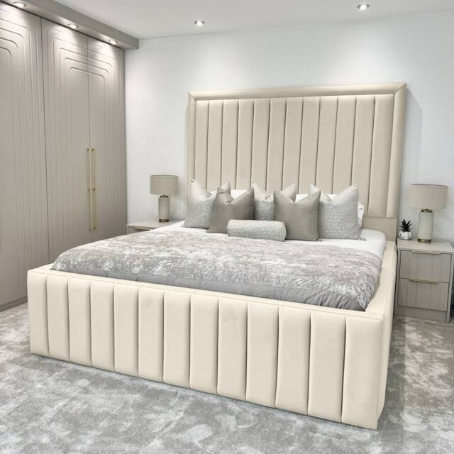 UK Bed Furniture Hampton Upholstered Bed Frame with 54-Inch Headboard - Slatted Base in Cream - Size: Super King - image 1