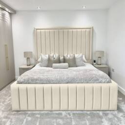 UK Bed Furniture Hampton Upholstered Bed Frame with 54-Inch Headboard - Slatted Base in Cream - Size: Super King - thumbnail 2