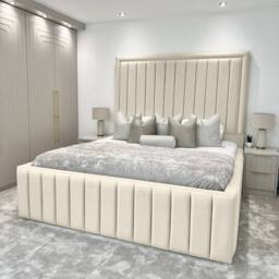 UK Bed Furniture Hampton Upholstered Bed Frame with 54-Inch Headboard - Slatted Base in Cream - Size: Super King - thumbnail 1