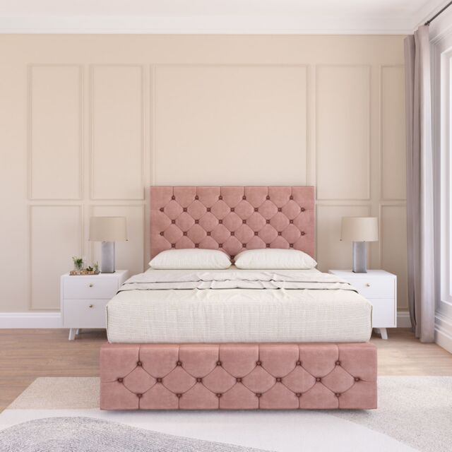 Sloomy Watson Divan Bed Set With No drawers & Matching Footboard - Plush Velvet in Pink - Size: Small Double - image 1