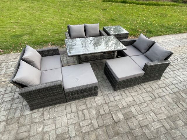 Fimous 8 Seater Wicker PE Rattan Garden Furniture Sets Outdoor Lounge Sofa Set with Oblong Dining Table 2 Big Footstool in Dark Grey - image 1