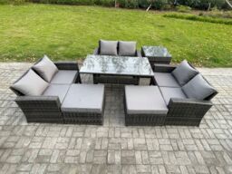 Fimous 8 Seater Wicker PE Rattan Garden Furniture Sets Outdoor Lounge Sofa Set with Oblong Dining Table 2 Big Footstool in Dark Grey - thumbnail 2