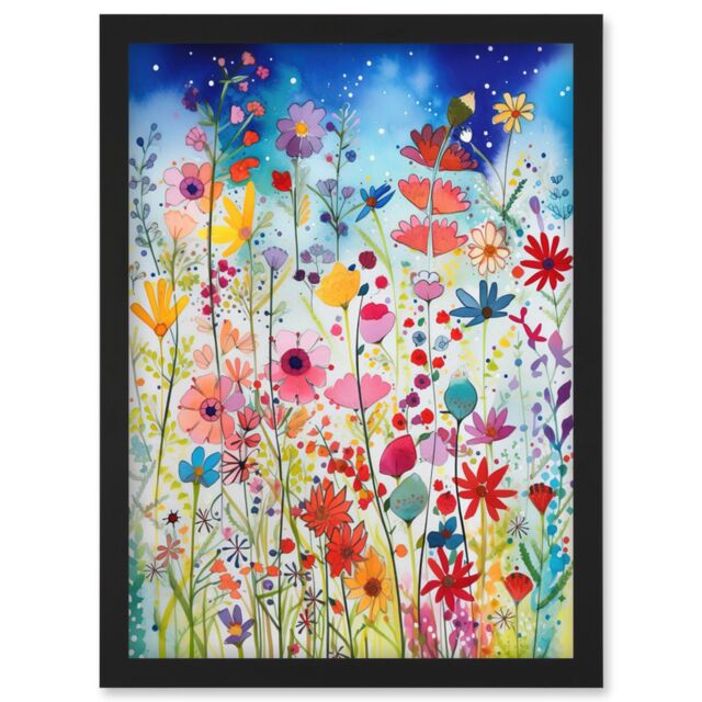 Artery8 Summer Wildflower Meadow Folk Art Artwork Framed Wall Art Print A4 in Black - image 1