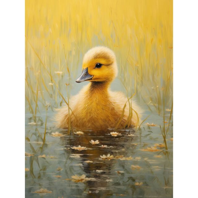 "Artery8 Wall Art Print Cute Yellow Ducking in Countryside Pond Oil Painting Kids Bedroom Baby Duck Bright Artwork Poster - Size: W12"" x H16""" - image 1