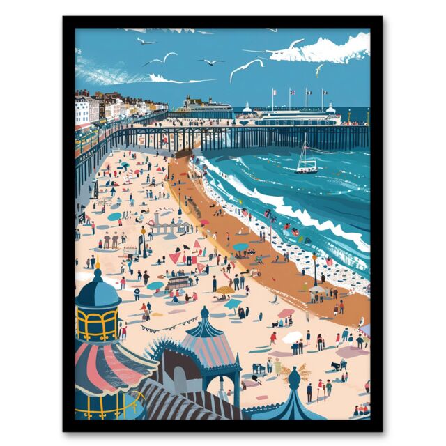 Artery8 Brighton Pier Beach Holiday Colourful Painting Framed Art Print in Blue - Size: A4 - image 1