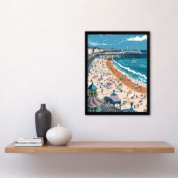 Artery8 Brighton Pier Beach Holiday Colourful Painting Framed Art Print in Blue - Size: A4 - thumbnail 4