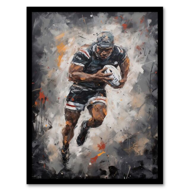 Artery8 Wall Art Print Rugby Fan Artwork World Cup Forward With Ball Action Painting For Him Man Cave Art Framed in Grey - Size: A4 - image 1