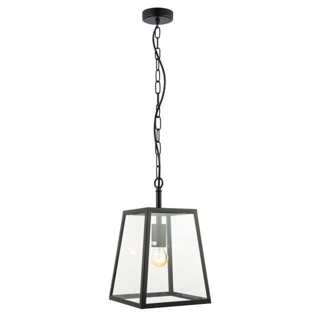Happy Homewares Classic Lantern Pendant Ceiling Light in Matte Black with Clear Glass Sides