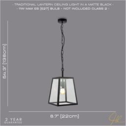 Happy Homewares Classic Lantern Pendant Ceiling Light in Matte Black with Clear Glass Sides - thumbnail 6