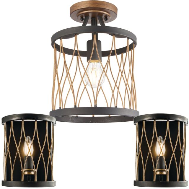 Loops Ceiling Lamp & 2x Matching Wall Light Bronze Matt Black Metal Vintage Bulb Cage - image 1