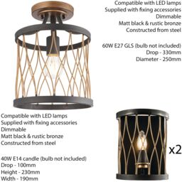 Loops Ceiling Lamp & 2x Matching Wall Light Bronze Matt Black Metal Vintage Bulb Cage - thumbnail 2