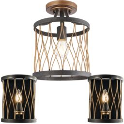 Loops Ceiling Lamp & 2x Matching Wall Light Bronze Matt Black Metal Vintage Bulb Cage