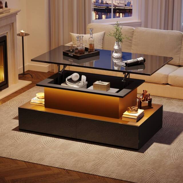 BTM Rectangular Lift Table with LED & 4 Drawers, High Gloss in Black - image 1