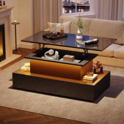 BTM Rectangular Lift Table with LED & 4 Drawers, High Gloss in Black - thumbnail 1