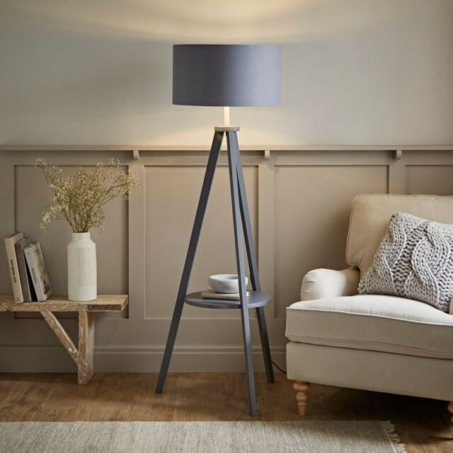 ValueLights Morrigan Grey Wood Tripod Floor Lamp with Chrome Shade & Bulb - image 1