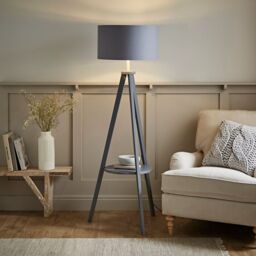 ValueLights Morrigan Grey Wood Tripod Floor Lamp with Chrome Shade & Bulb - thumbnail 1