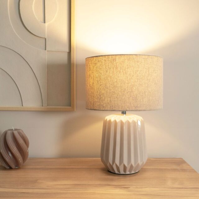 ValueLights Zak Pair Pleated Textured Ceramic Table Lamps with matching Fabric Lamp Shades in Cream - image 1