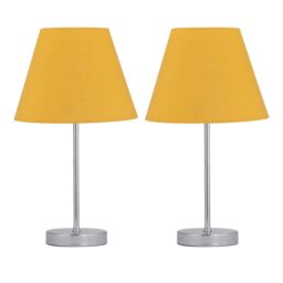 First Choice Lighting Set of 2 Chrome Stick Table Lamps with Ochre Fabric Shades in Silver