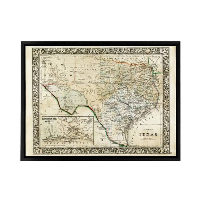 "Artery8 Mitchell 1860 Map Texas County USA State Framed Canvas Wall Art Print in Beige - Size: W12"" x H16""" - image 1