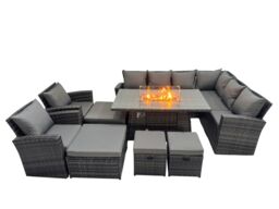 Fimous Rattan Corner Sofa Chair Set Gas Fire Pit Table with 4 Footstools in Dark Grey - thumbnail 1