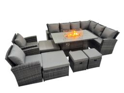 Fimous Rattan Corner Sofa Chair Set Gas Fire Pit Table with 4 Footstools in Dark Grey - thumbnail 2