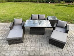 Fimous High Back Rattan Garden Furniture Sofa Sets with Height Adjustable Rising Lifting Table Side Table 2 Big Footstool in Dark Grey - thumbnail 1