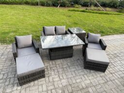 Fimous High Back Rattan Garden Furniture Sofa Sets with Height Adjustable Rising Lifting Table Side Table 2 Big Footstool in Dark Grey - thumbnail 2