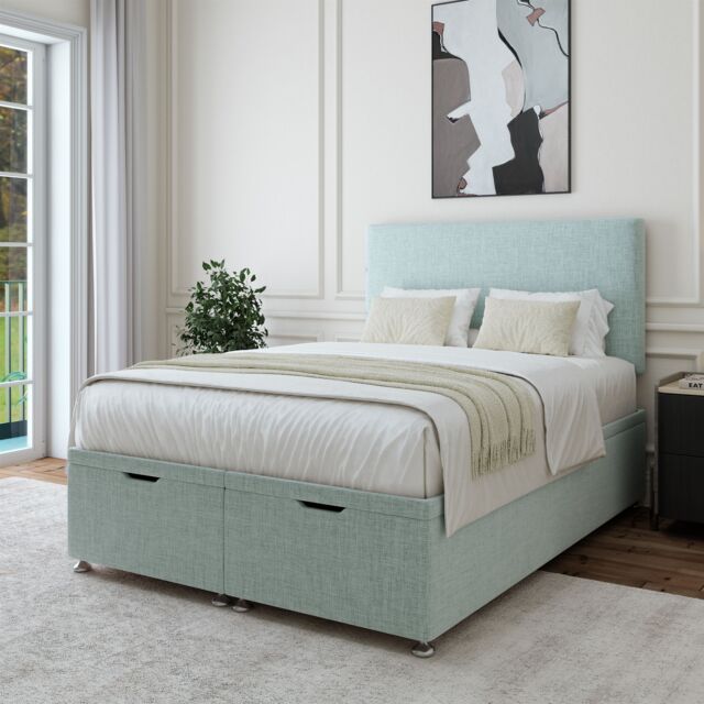 Bedmaster Linen Ottoman Divan Base & Plain Headboard in Duck Egg Blue - Size: Single - image 1