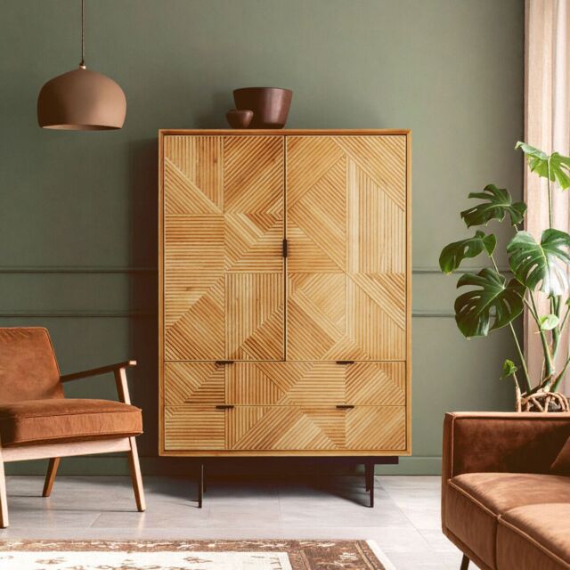Orsina Natural Wooden Cabinet, Carved Geometric Wood-Effect Front, Rustic Wood Storage Cabinet on Black Metal Legs - image 1
