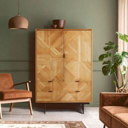 Orsina Natural Wooden Cabinet, Carved Geometric Wood-Effect Front, Rustic Wood Storage Cabinet on Black Metal Legs - thumbnail 1