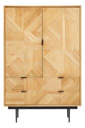 Orsina Natural Wooden Cabinet, Carved Geometric Wood-Effect Front, Rustic Wood Storage Cabinet on Black Metal Legs - thumbnail 6
