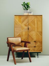 Orsina Natural Wooden Cabinet, Carved Geometric Wood-Effect Front, Rustic Wood Storage Cabinet on Black Metal Legs - thumbnail 5