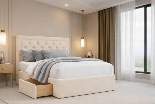 "Chester & Oakley Valencia Plush Divan Bed Base 2 Drawers Foot-End - 26"" Headboard in Cream - Size: King" - image 1