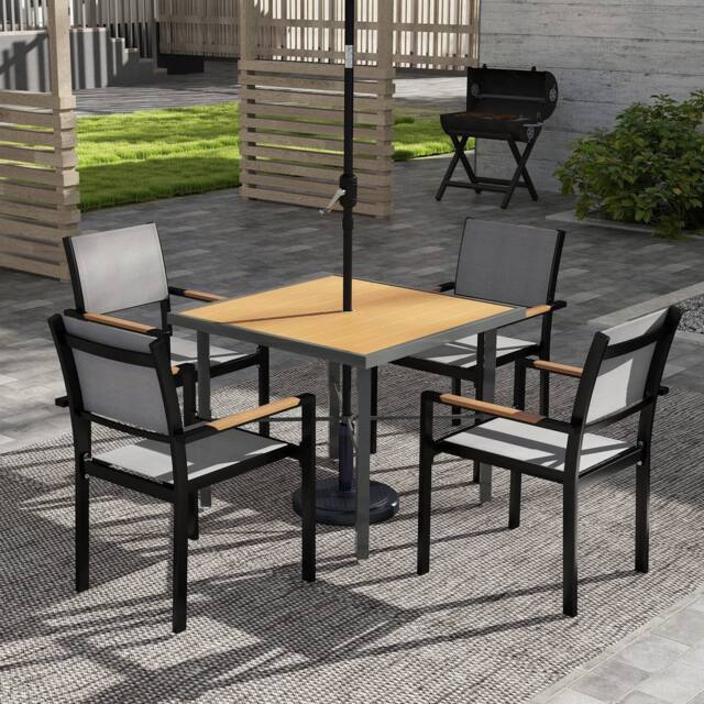 OUTSUNNY 90cm Square Outdoor Patio Garden Dining Table with Umbrella Hole in Natural
