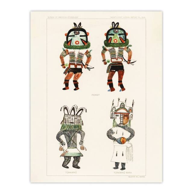 "Artery8 Drawing from Hopi Natives Hopi Kachinas Vintage Wall Art Print Poster in White - Size: W24"" x H32""" - image 1