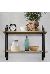 Living and Home 2 Tier Decor Floating Wall Shelf Retro Style Metal Wooden Storage Rack in Black - thumbnail 3