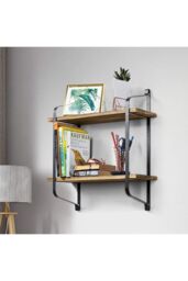 Living and Home 2 Tier Decor Floating Wall Shelf Retro Style Metal Wooden Storage Rack in Black - thumbnail 5