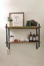 Living and Home 2 Tier Decor Floating Wall Shelf Retro Style Metal Wooden Storage Rack in Black
