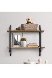 Living and Home 2 Tier Decor Floating Wall Shelf Retro Style Metal Wooden Storage Rack in Black - thumbnail 2
