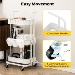 Costway 3-Tier Rolling Cart Folding Storage Cart w/3 Hanging Cups&6 Hooks-White in White - thumbnail 3