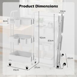 Costway 3-Tier Rolling Cart Folding Storage Cart w/3 Hanging Cups&6 Hooks-White in White - thumbnail 6