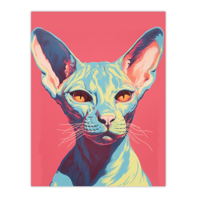 Artery8 Sphynx Cat Screen Print Pink Blue Coral Teal Risograph Artwork Spot Block Colour Duotone Retro Riso Interior Design Unframed Wall Art Print - image 1