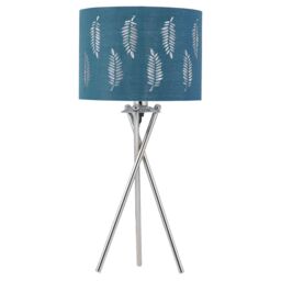 First Choice Lighting Chrome Tripod Table Lamp with Teal Fern Cut Out Shade in Silver