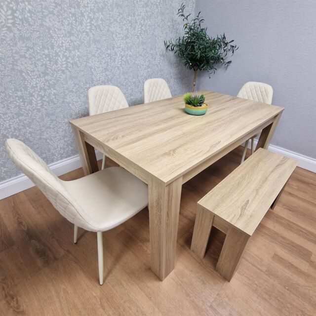KOSY KOALA Modern Oak Effect Dining Table Set With 4 Cream Plastic Chairs & Bench Dining Room Furniture in Brown - image 1
