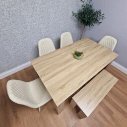 KOSY KOALA Modern Oak Effect Dining Table Set With 4 Cream Plastic Chairs & Bench Dining Room Furniture in Brown - thumbnail 2