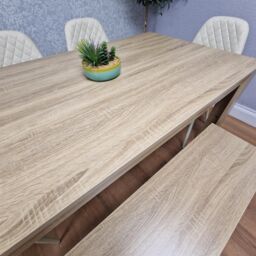 KOSY KOALA Modern Oak Effect Dining Table Set With 4 Cream Plastic Chairs & Bench Dining Room Furniture in Brown - thumbnail 5