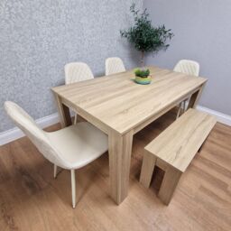 KOSY KOALA Modern Oak Effect Dining Table Set With 4 Cream Plastic Chairs & Bench Dining Room Furniture in Brown - thumbnail 1