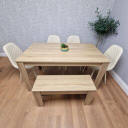 KOSY KOALA Modern Oak Effect Dining Table Set With 4 Cream Plastic Chairs & Bench Dining Room Furniture in Brown - thumbnail 3